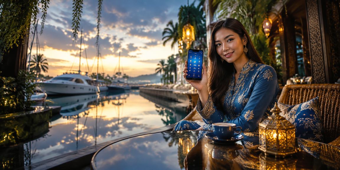Wanita Malaysia berpakaian baju kurung mengakses platform dalam talian melalui telefon bimbit