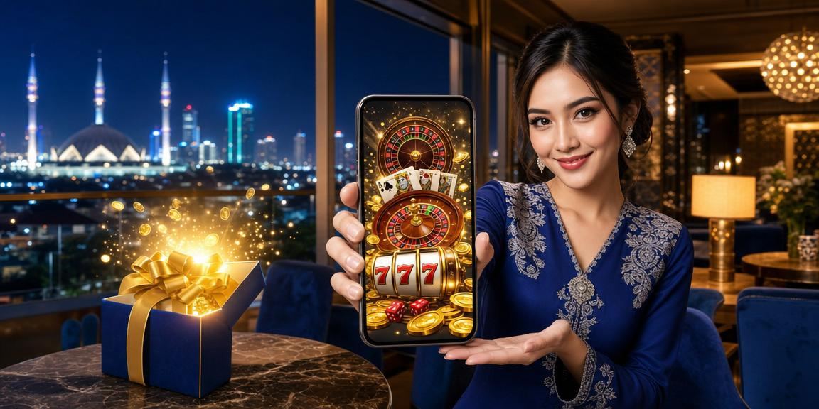 Pengguna wanita Selangor berbaju kurung menikmati aplikasi kasino dalam talian spo2